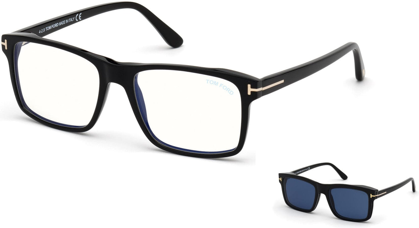 Tom Ford FT5682-B Square Eyeglasses 001-001 - Shiny Black/ Blue Block Lenses W. Blue Clip On Lenses