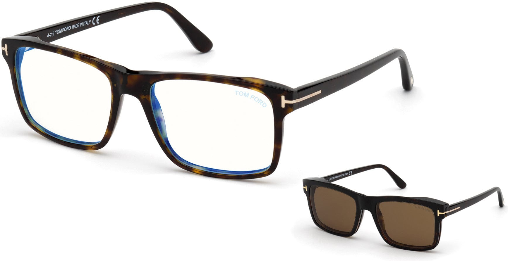 Tom Ford FT5682-B Square Eyeglasses 052-052 - Shiny Classic Dark Havana/ Blue Block Lenses W. Roviex Clip On Lenses