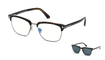 Tom Ford FT5683-B Browline Eyeglasses 052-052 - Shiny Classic Dark Havana/ Blue Block Lenses W. Dark Teal Clip On Lens