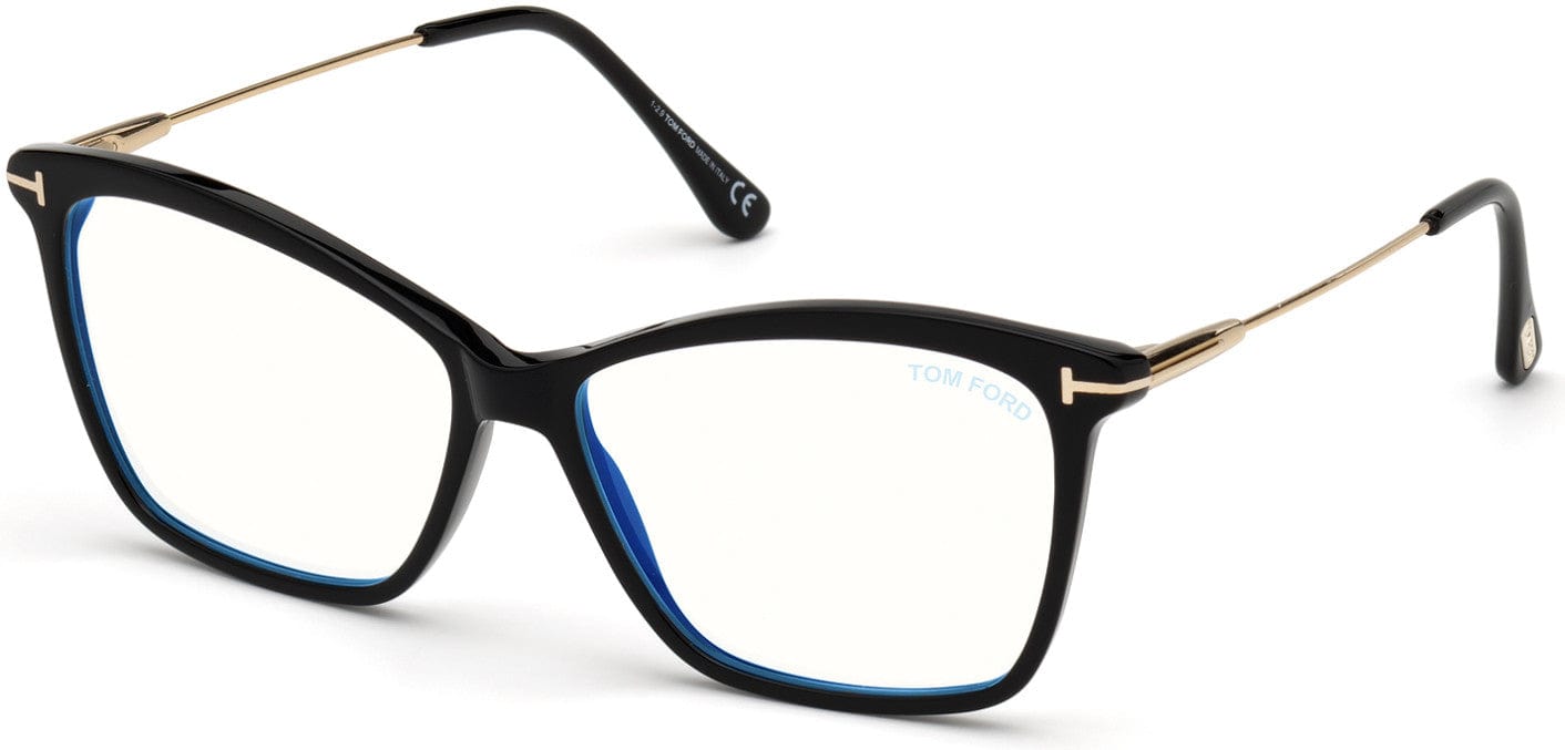 Tom Ford FT5687-B Square Eyeglasses 001-001 - Shiny Black, Shiny Rose Gold / Blue Block Lenses