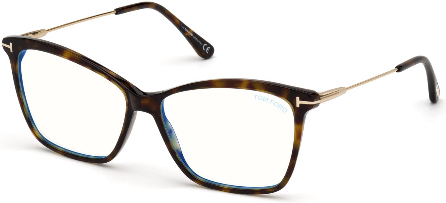 Tom Ford FT5687-B Square Eyeglasses 052-052 - Shiny Classic Dark Havana, Shiny Rose Gold / Blue Block Lenses