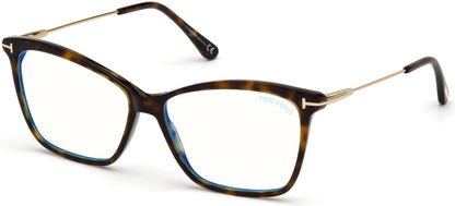 Tom Ford FT5687-B Square Eyeglasses 052-052 - Shiny Classic Dark Havana, Shiny Rose Gold / Blue Block Lenses