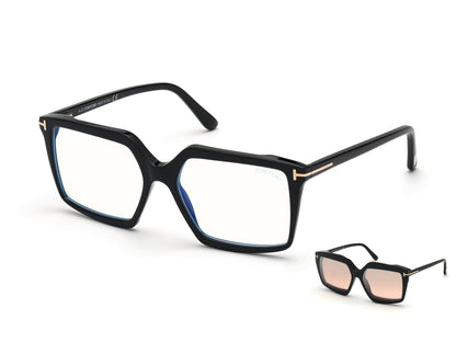 Tom Ford FT5689-B Geometric Eyeglasses 001-001 - Black/ Blue Block Lenses, Black Clip W. Grad. Peach Fl. Silver Lenses
