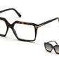 Tom Ford FT5689-B Geometric Eyeglasses 052-052 - Dk. Havana/ Blue Block Lenses, Dk. Havana Clip & Smoke-To-Amber Lenses
