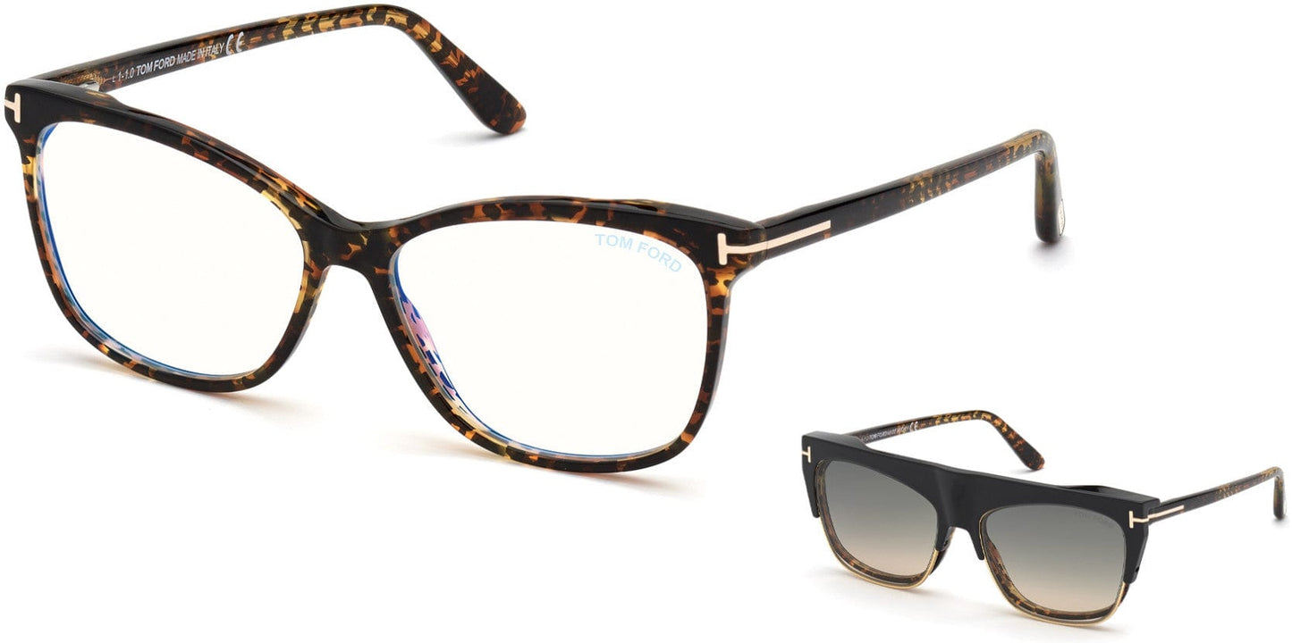 Tom Ford FT5690-B Square Eyeglasses 056-056 - Leopard Havana/ Blue Block Lenses, Black Clip & Smoke-To-Amber Lenses