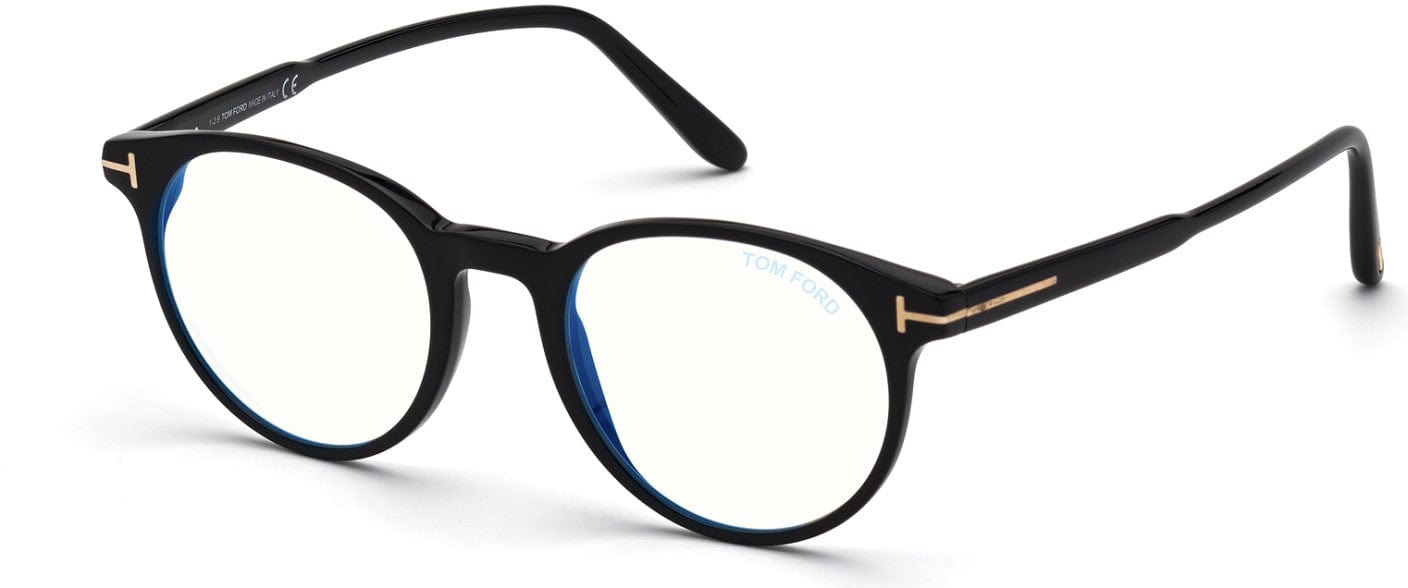 Tom Ford FT5695-B Round Eyeglasses 001-001 - Shiny Black / Blue Block Lenses