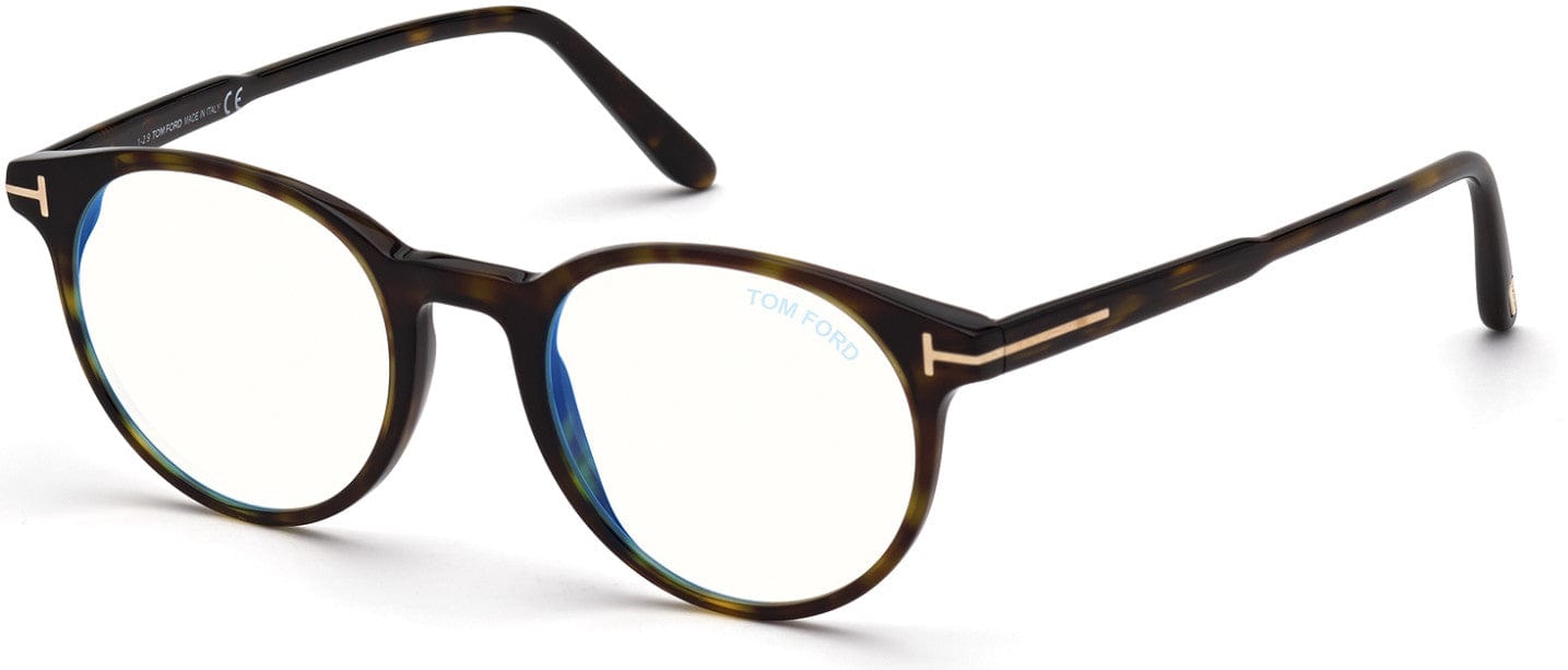 Tom Ford FT5695-B Round Eyeglasses 052-052 - Shiny Classic Dark Havana / Blue Block Lenses