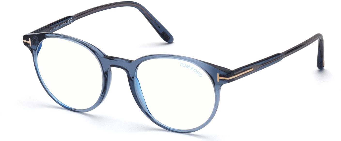 Tom Ford FT5695-B Round Eyeglasses 090-090 - Shiny Transparent Blue / Blue Block Lenses