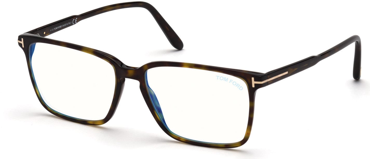 Tom Ford FT5696-B Rectangular Eyeglasses 052-052 - Shiny Classic Dark Havana / Blue Block Lenses