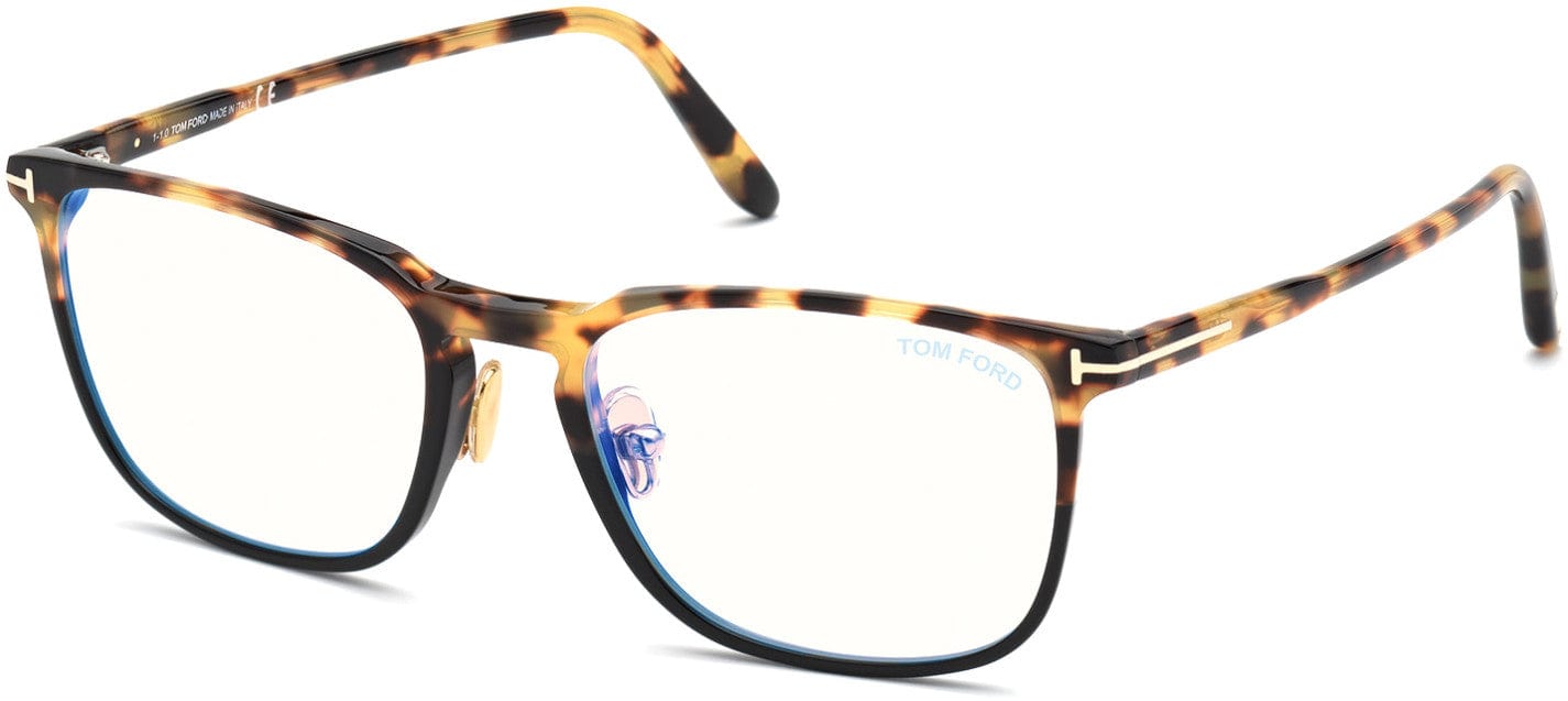 Tom Ford FT5699-B Square Eyeglasses 056-056 - Shiny Tortiose With Crystal & Black / Blue Block Lenses