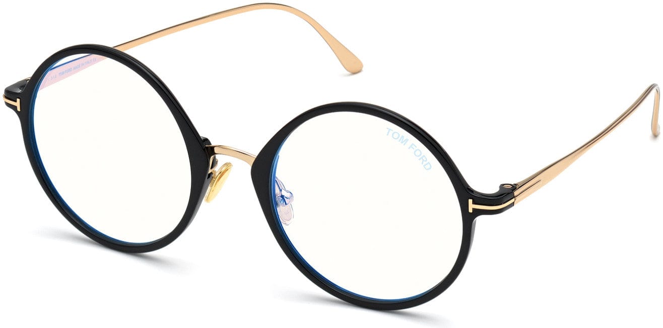 Tom Ford FT5703-B Round Eyeglasses 001-001 - Shiny Rose Gold, "t" Logo / Blue Block Lenses