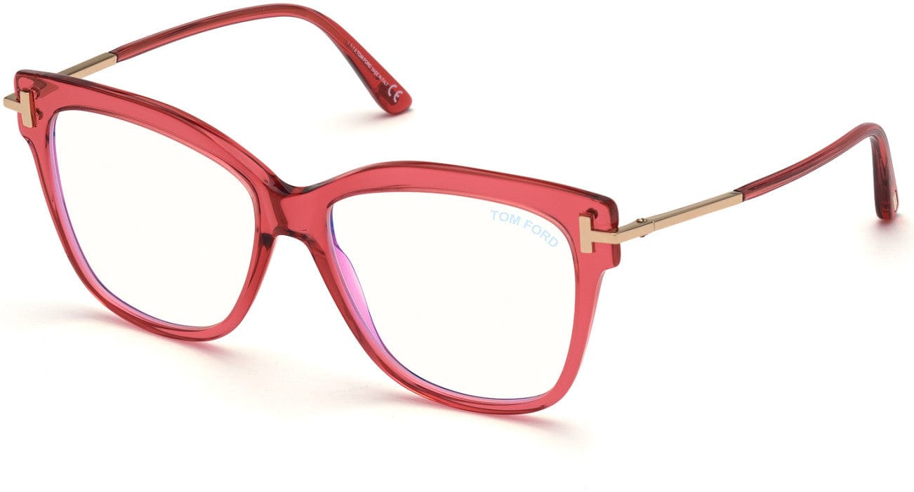 Tom Ford FT5704-B Square Eyeglasses 066-066 - Shiny Transparent Raspberry W. Rose Gold / Blue Block Lenses
