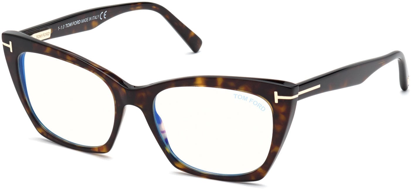 Tom Ford FT5709-B Cat Eyeglasses 052-052 - Shiny Classic Dark Havana / Blue Block Lenses