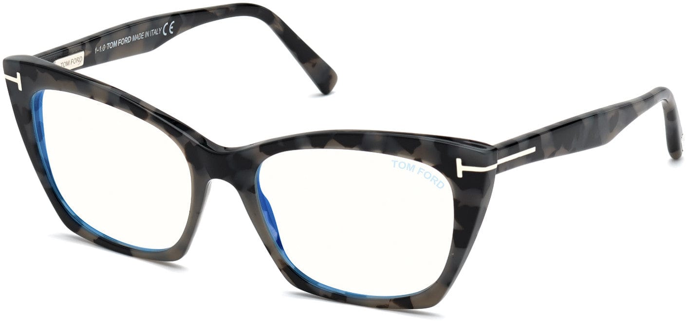 Tom Ford FT5709-B Cat Eyeglasses 056-056 - Shiny Dark Grey Havana / Blue Block Lenses