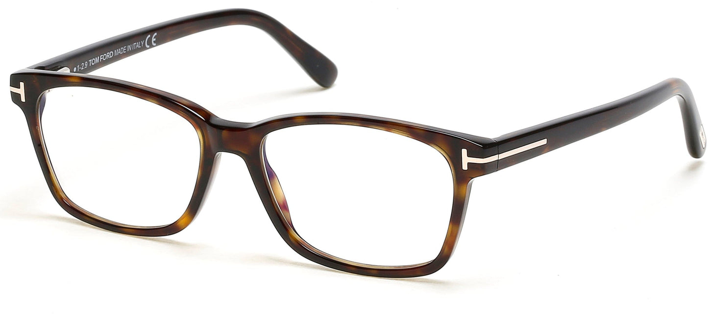 Tom Ford FT5713-B Rectangular Eyeglasses 052-052 - Shiny Dark Havana/ Blue Block Lenses