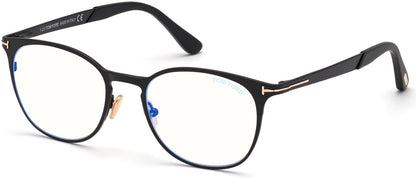 Tom Ford FT5732-B Round Eyeglasses 002-002 - Matte Black, Shiny Rose Gold, "t" Logo / Blue Block Lenses