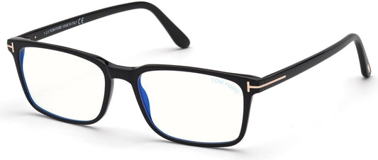 Tom Ford FT5735-B Rectangular Eyeglasses 001-001 - Shiny Black, Shiny Rose Gold "t" Logo / Blue Block Lenses