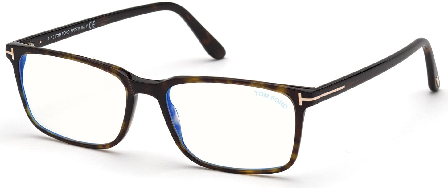 Tom Ford FT5735-B Rectangular Eyeglasses 052-052 - Shiny  Dark Havana, Shiny Rose Gold "t" Logo / Blue Block Lenses