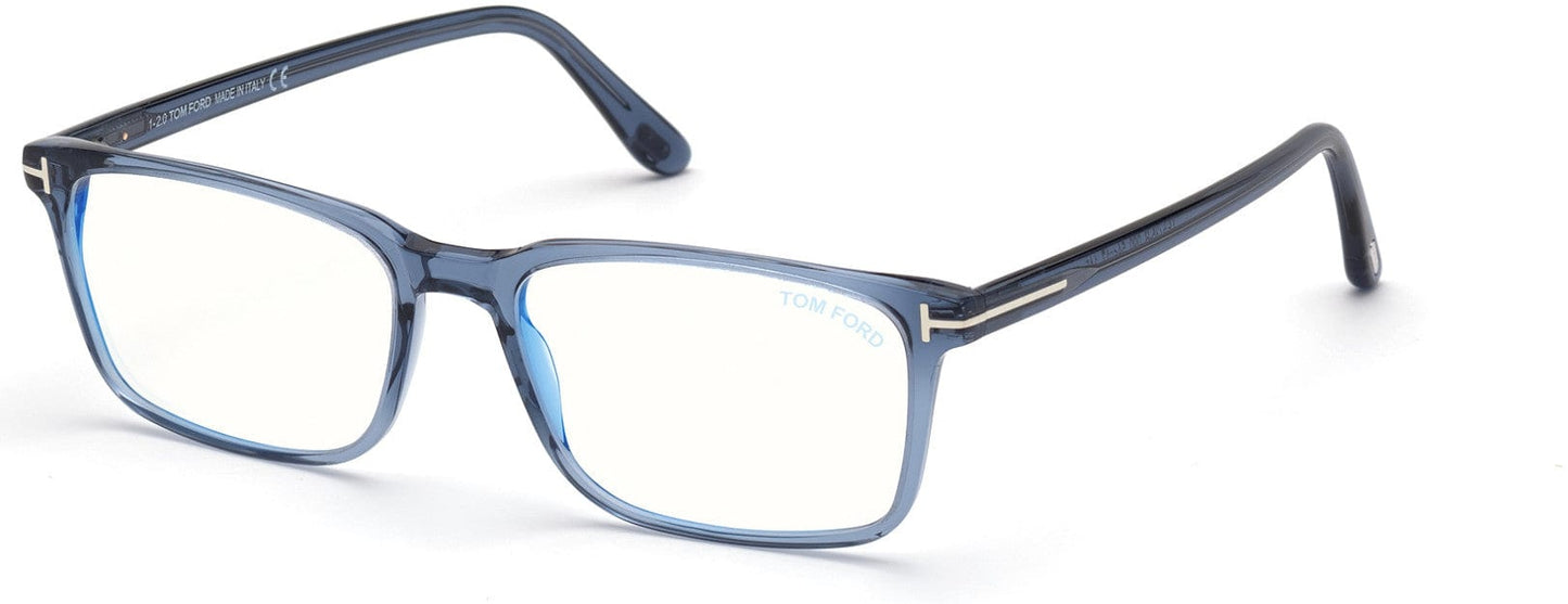 Tom Ford FT5735-B Rectangular Eyeglasses 090-090 - Shiny Transparent Blue, Shiny Palladium "t" Logo / Blue Block Lenses