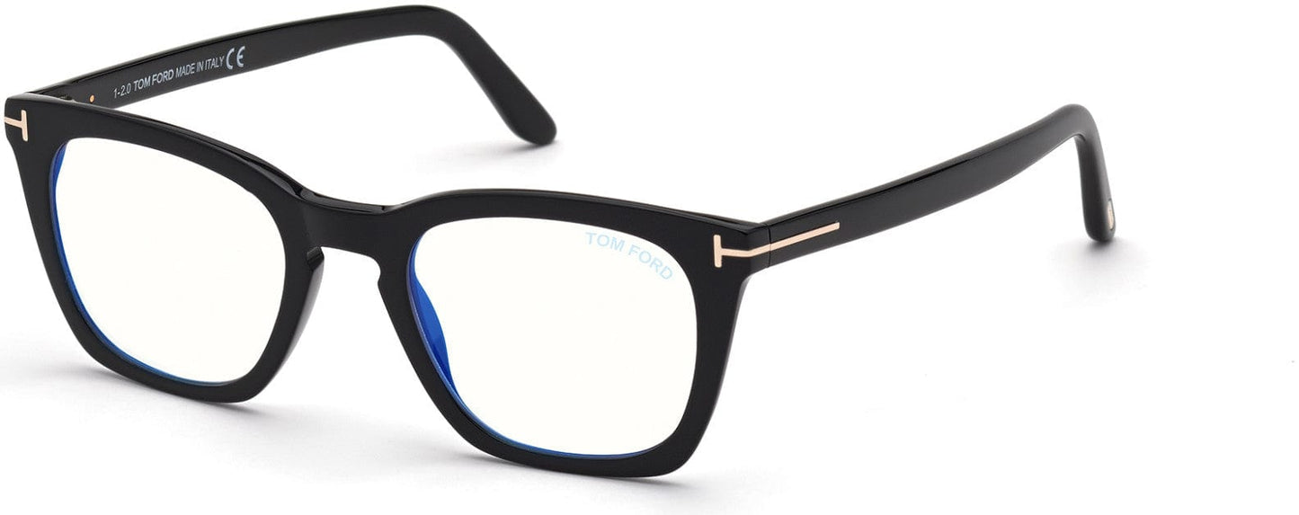 Tom Ford FT5736-B Square Eyeglasses 001-001 - Shiny Black, Shiny Rose Gold "t" Logo / Blue Block Lenses
