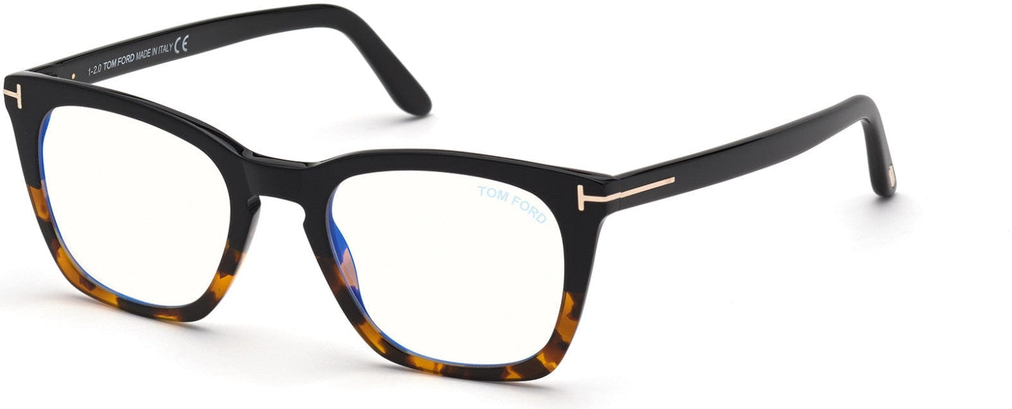 Tom Ford FT5736-B Square Eyeglasses 005-005 - Shiny Black Vintage Havana, Shiny Rose Gold "t" Logo / Blue Block Lens