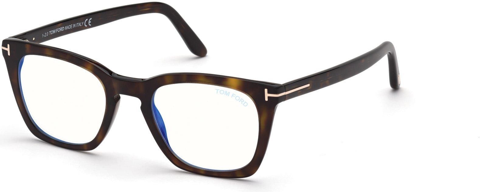 Tom Ford FT5736-B Square Eyeglasses 052-052 - Shiny Dark Havana, Shiny Rose Gold "t" Logo / Blue Block Lenses