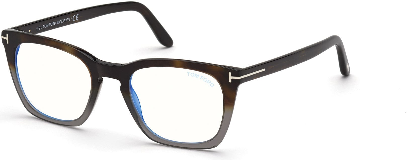 Tom Ford FT5736-B Square Eyeglasses 055-055 - Shiny Havana To Grey, Shiny Palladium "t" Logo / Blue Block Lenses