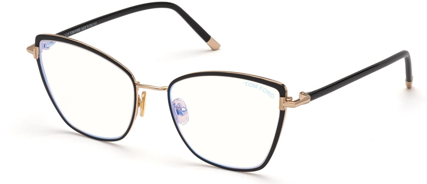 Tom Ford FT5740-B Square Eyeglasses 001-001 - Black Enamel, Shiny Rose Gold, Shiny Black, "t" Logo/blue Block Lenses