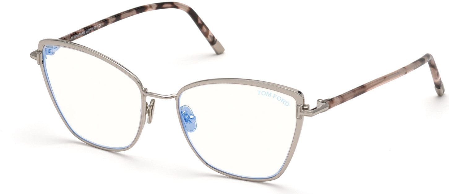 Tom Ford FT5740-B Square Eyeglasses 016-016 - Shiny Palladium, Vintage Rose Havana, "t" Logo / Blue Block Lenses