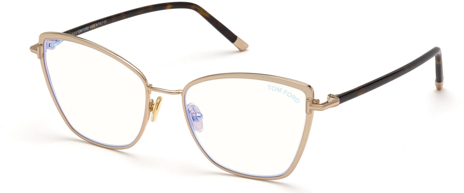 Tom Ford FT5740-B Square Eyeglasses 028-028 - Shiny Rose Gold, Classic Dark Havana, "t" Logo / Blue Block Lenses