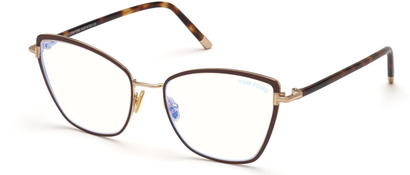 Tom Ford FT5740-B Square Eyeglasses 048-048 - Brown Enamel, Rose Gold, Blonde Havana, "t" Logo / Blue Block Lenses