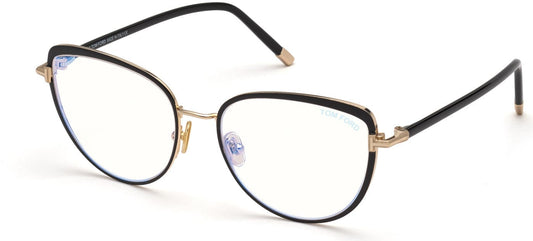 Tom Ford FT5741-B Cat Eyeglasses 001-001 - Black Enamel, Shiny Rose Gold, Shiny Black, "t" Logo/blue Block Lenses