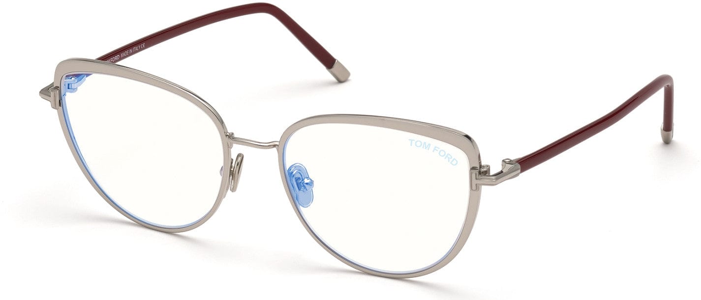 Tom Ford FT5741-B Cat Eyeglasses 016-016 - Shiny Palladium, Vintage Rose Havana, "t" Logo / Blue Block Lenses