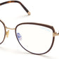 Tom Ford FT5741-B Cat Eyeglasses 048-048 - Brown Enamel, Rose Gold, Blonde Havana, "t" Logo / Blue Block Lenses
