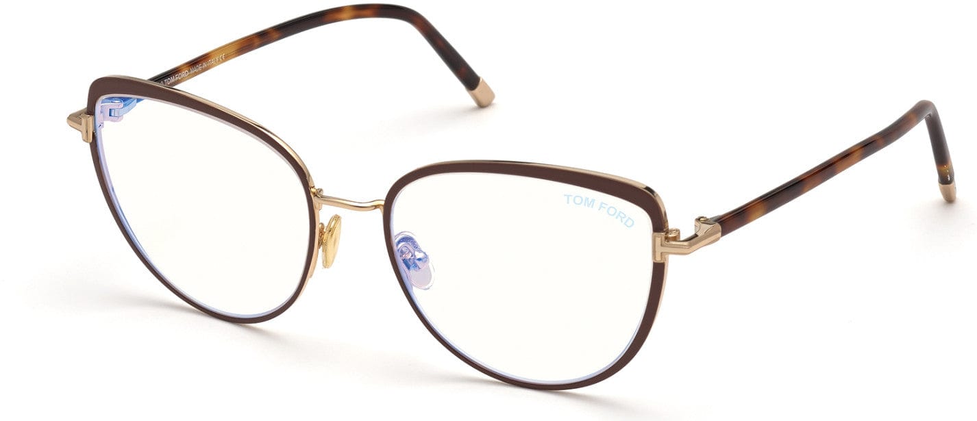 Tom Ford FT5741-B Cat Eyeglasses 048-048 - Brown Enamel, Rose Gold, Blonde Havana, "t" Logo / Blue Block Lenses