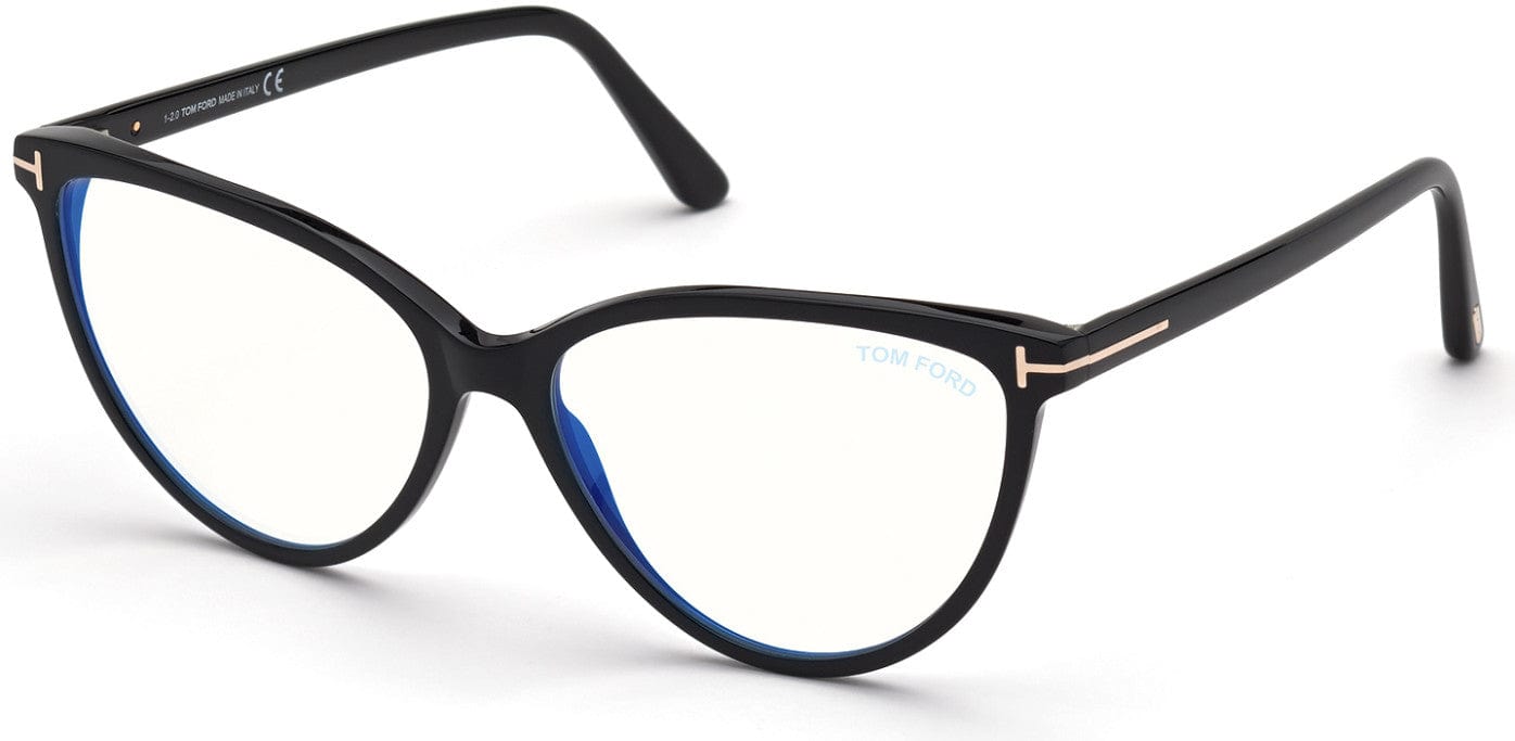 Tom Ford FT5743-B Round Eyeglasses 001-001 - Shiny Black, Shiny Rose Gold "t" Logo / Blue Block Lenses