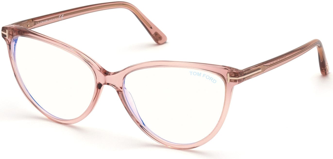 Tom Ford FT5743-B Round Eyeglasses 074-074 - Shiny Transparent Pink, Shiny Rose Gold "t" Logo / Blue Block Lenses
