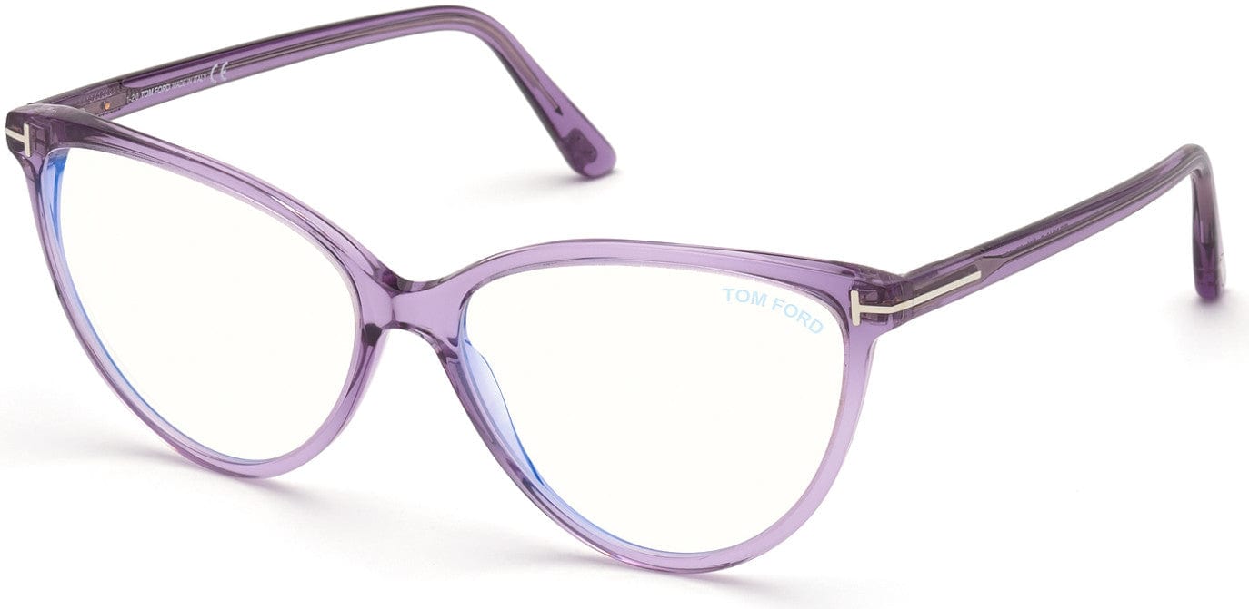 Tom Ford FT5743-B Round Eyeglasses 078-078 - Shiny Transparent Lilac, Shiny Palladium "t" Logo / Blue Block Lenses