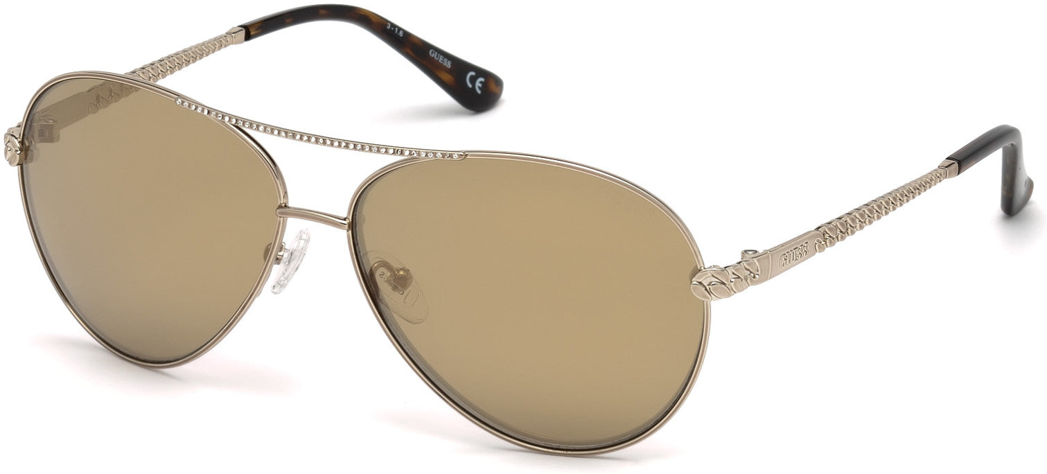 Guess GU7470-S Pilot Sunglasses 32G-32G - Shiny Gold With Crystal Stones/brown Mirror Lens