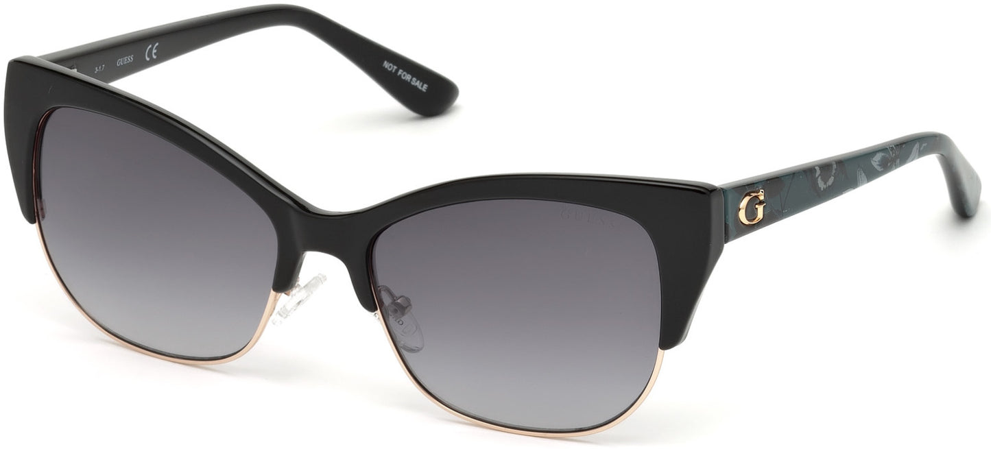 Guess GU7523 Cat Sunglasses 05B-05B - Black W/rose Gold Rim, Teal Temples/grey Gradient W/ Light Flash Lens - Back Order until 