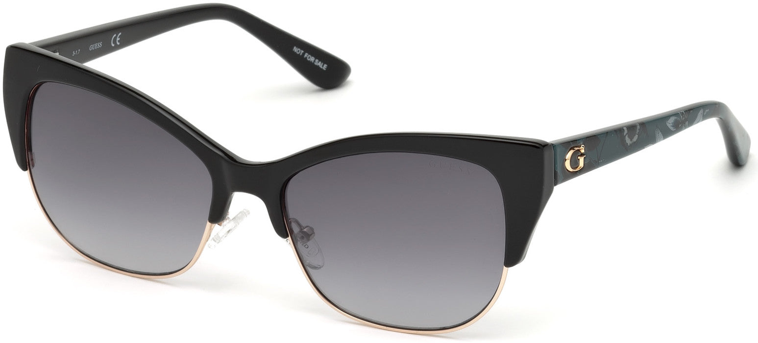 Guess GU7523 Cat Sunglasses 05B-05B - Black W/rose Gold Rim, Teal Temples/grey Gradient W/ Light Flash Lens - Back Order until 