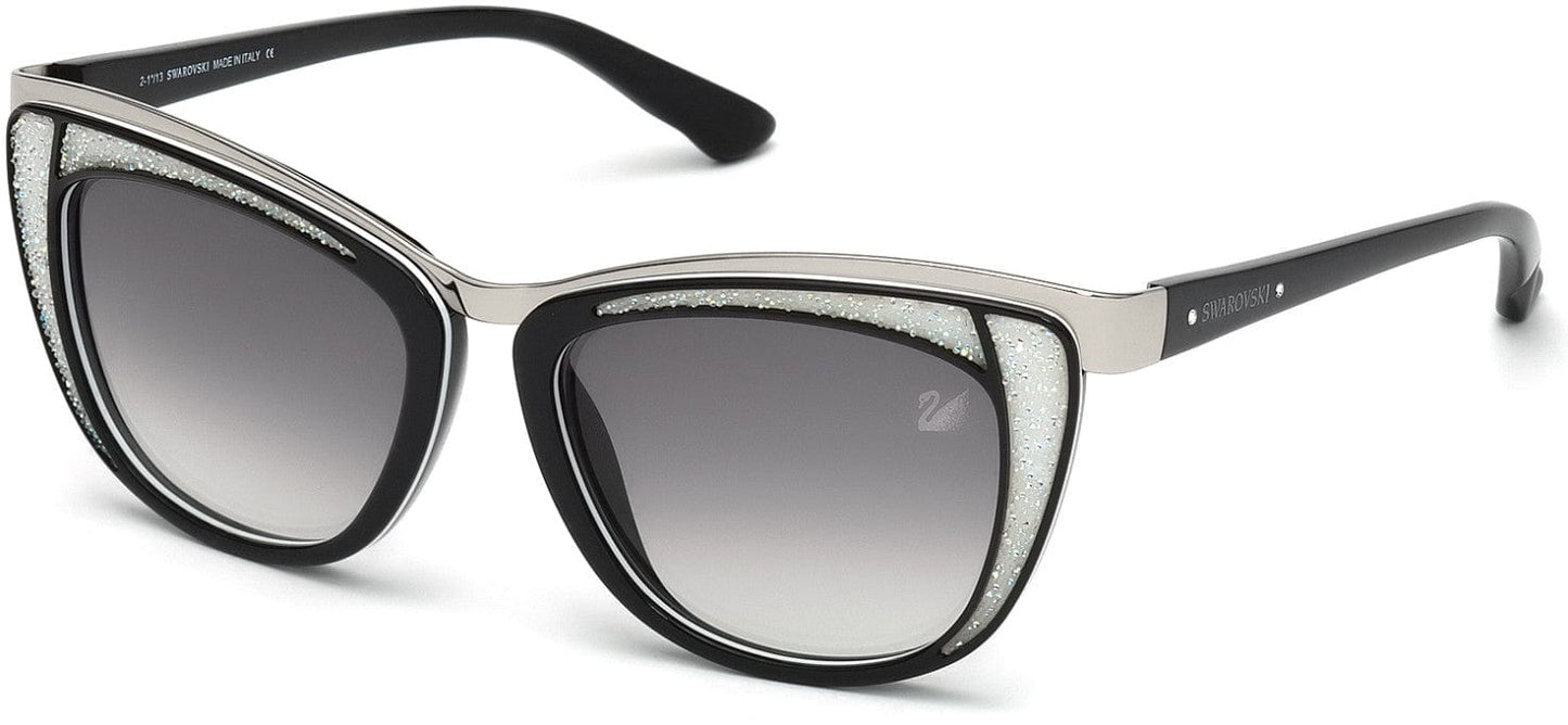 Swarovski SK0061 Diva Cat Sunglasses 05B-05B - Shiny Black, White, Clear Crystals, Silver / Gradient Smoke Lenses