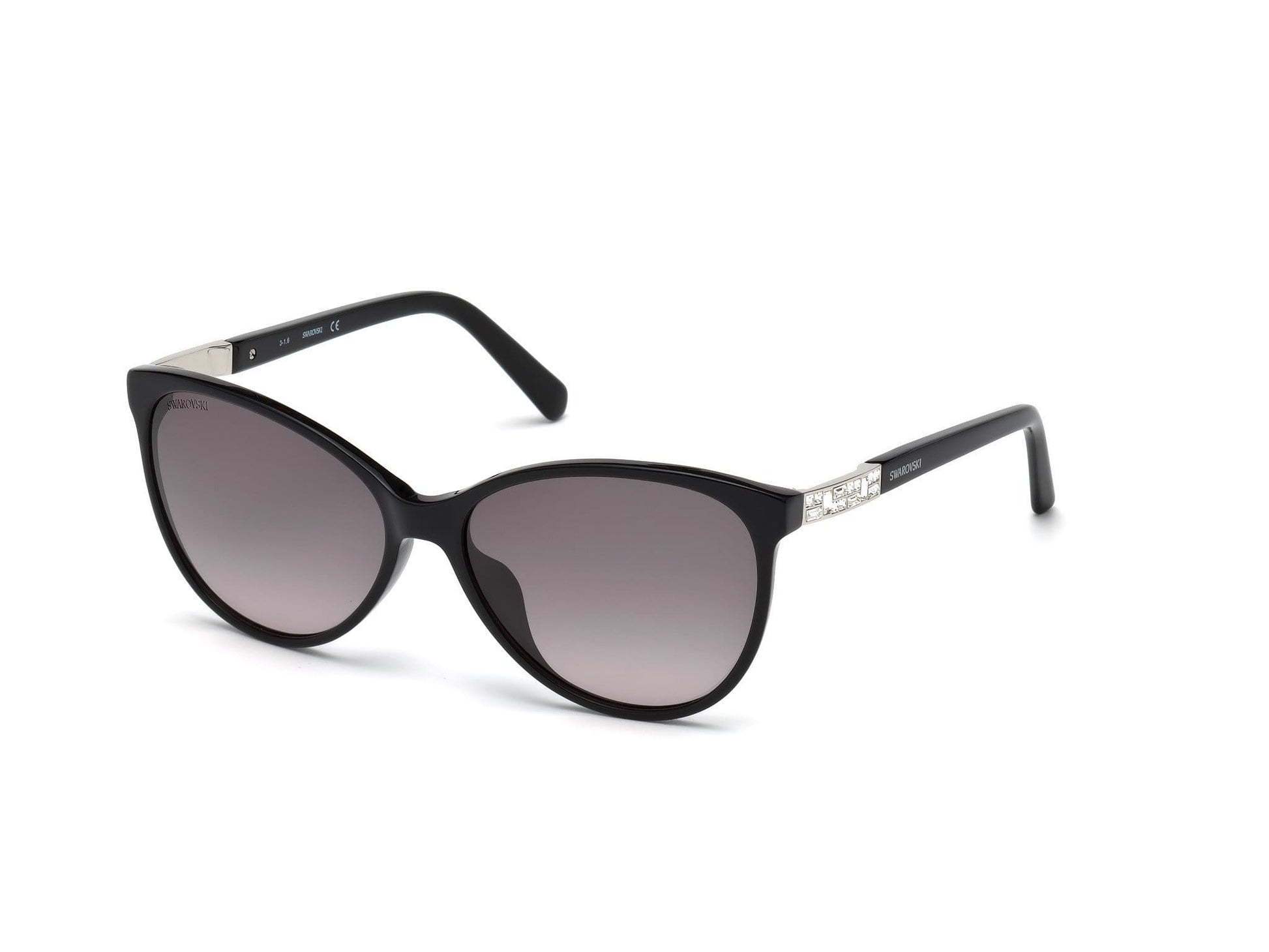 Swarovski SK0123-H Cat Sunglasses 01B-01B - Shiny Black,  Palladium Metal Insert, Crystal Stone / Grad Smoke Lens
