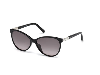 Swarovski SK0123-H Cat Sunglasses 01B-01B - Shiny Black,  Palladium Metal Insert, Crystal Stone / Grad Smoke Lens