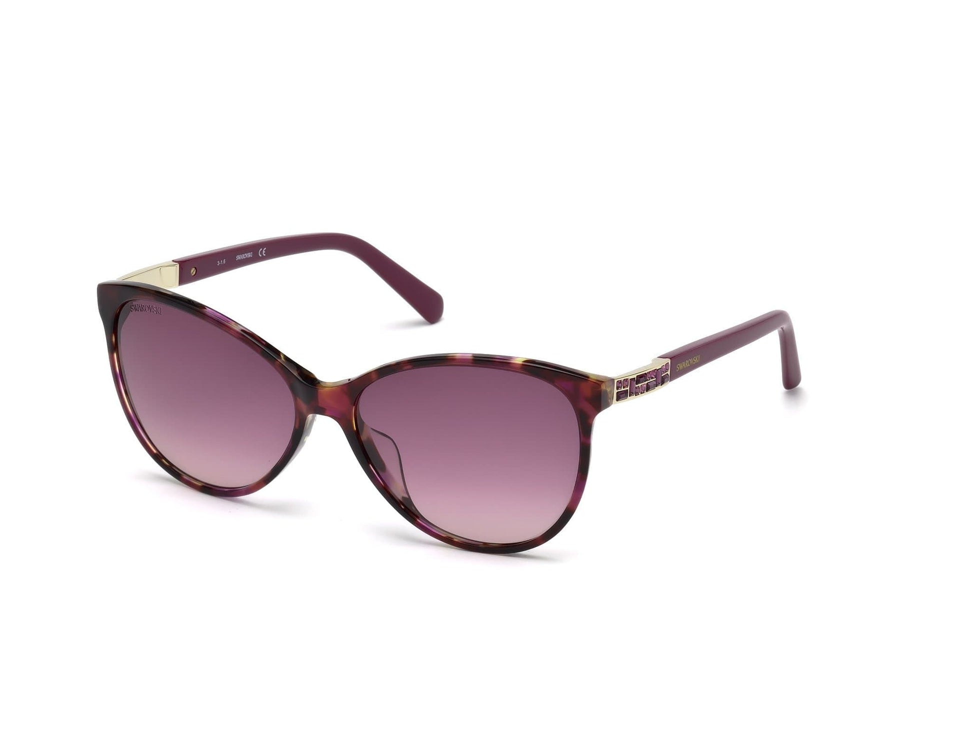 Swarovski SK0123-H Cat Sunglasses 56Z-56Z - Fuchsia Havana,  Gold Metal Insert, Amethyst Stone / Grad. Purple Lens