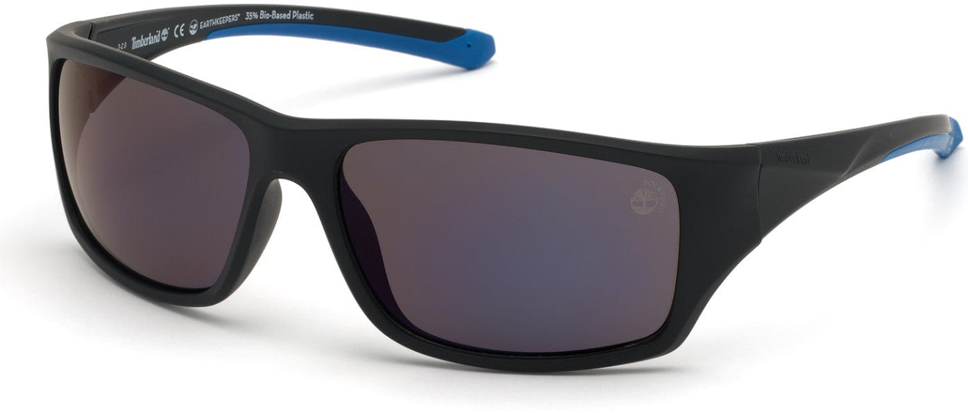 Timberland TB9217 Rectangular Sunglasses 02D-02D - Matte Black W/ Blue Rubber / Blue Flash Lenses