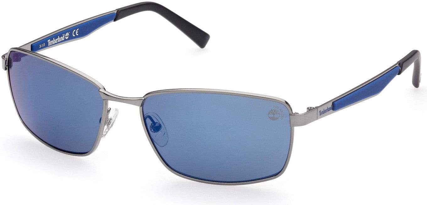 Timberland TB9233 Rectangular Sunglasses 06D-06D - Shiny Dark Gunmetal Front/temples W/ Blue Rubber / Blue Flash Lenses